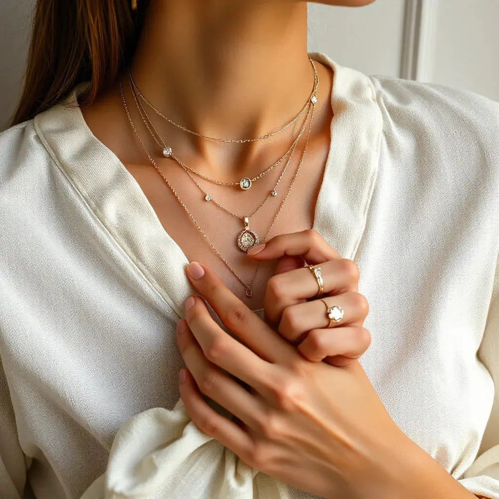 Layered necklaces, small hoop earrings, bracelet, and a ring styled on a neutral fabric backdrop