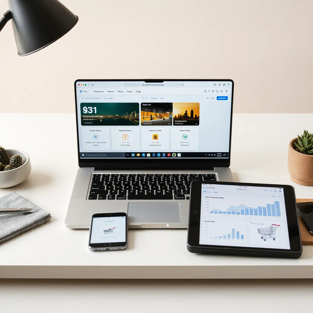 Laptop and mobile screens showing generic e-commerce dashboard and checkout analytics on a clean desk
