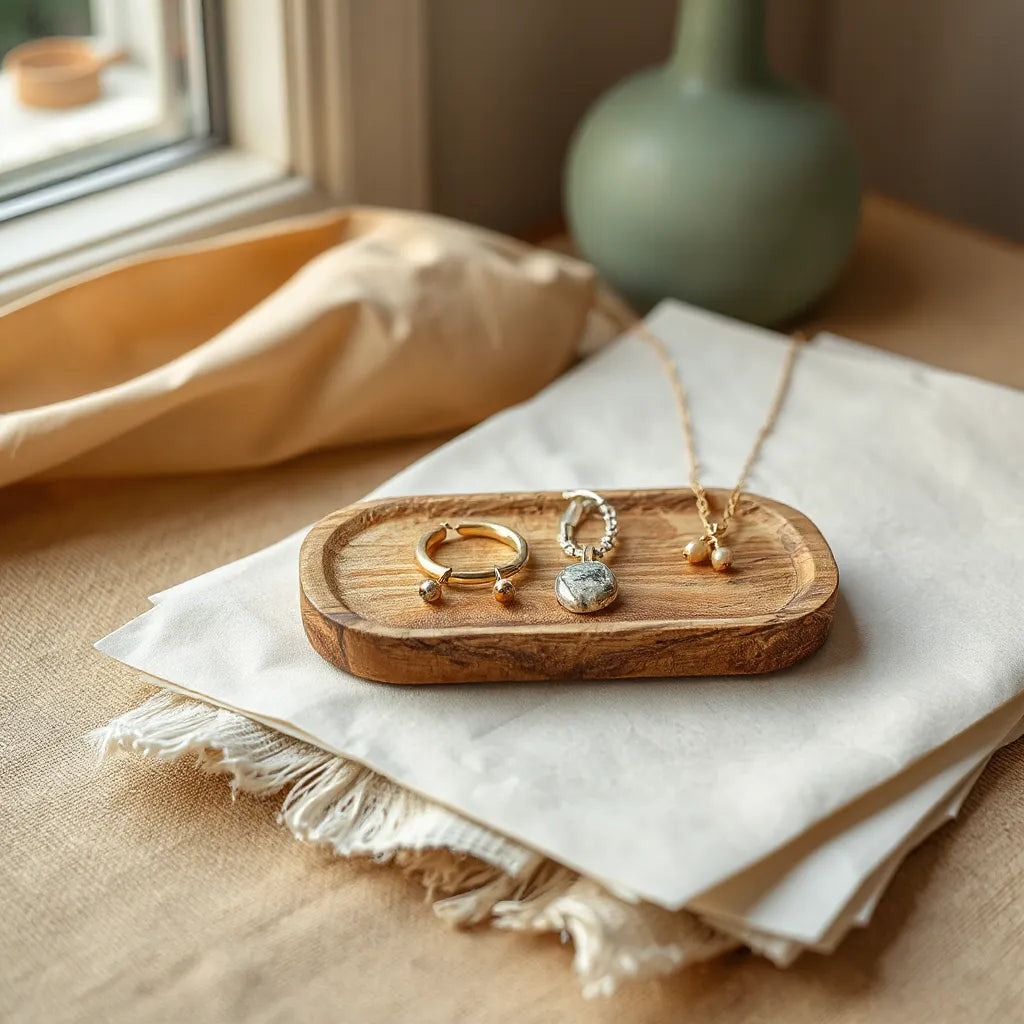 Handmade earrings and necklace on natural cotton and wood tray in soft neutral light