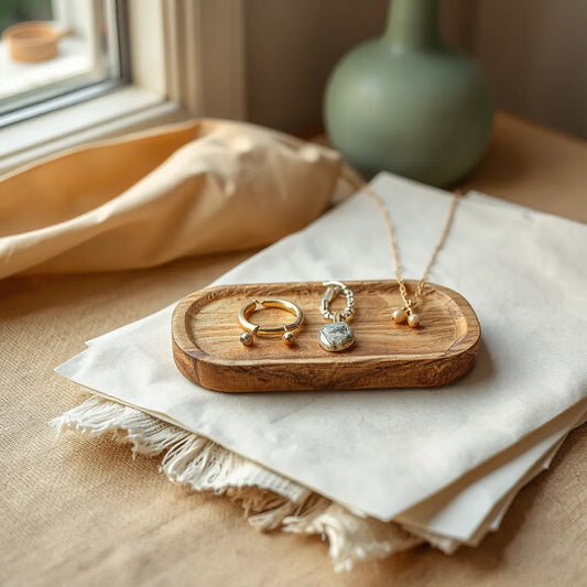 Handmade earrings and necklace on natural cotton and wood tray in soft neutral light