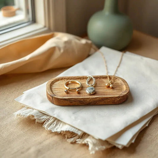 Handmade earrings and necklace on natural cotton and wood tray in soft neutral light