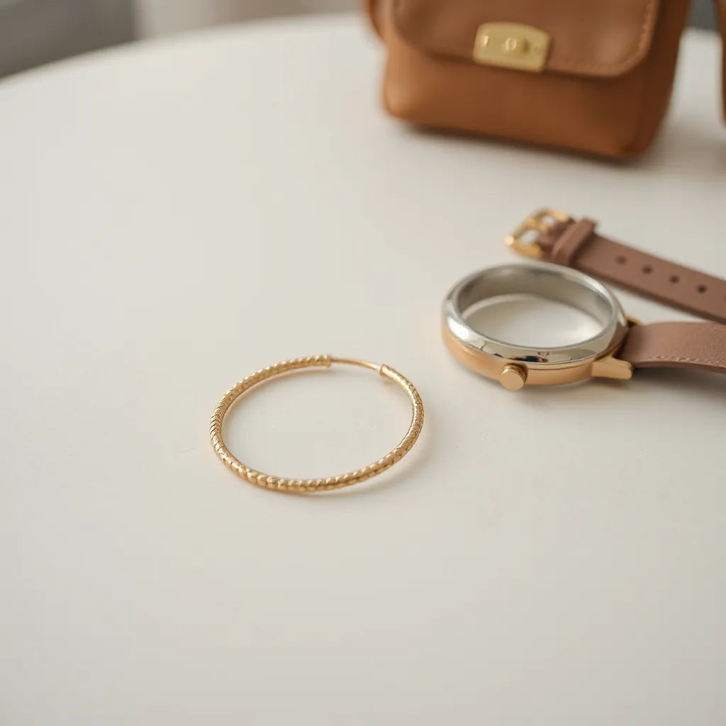 Gold hoop earrings on a neutral surface with soft studio lighting and minimal styling