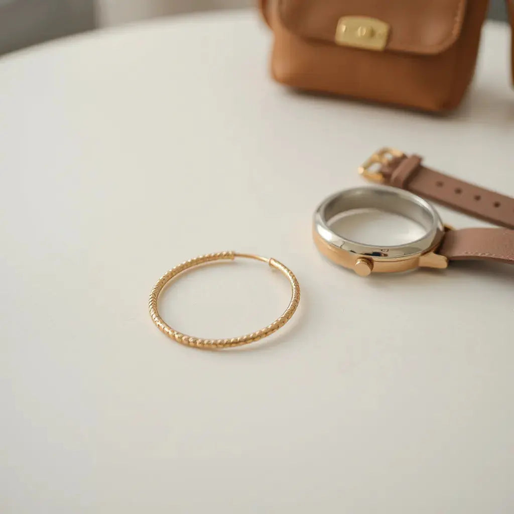 Gold hoop earrings on a neutral surface with soft studio lighting and minimal styling
