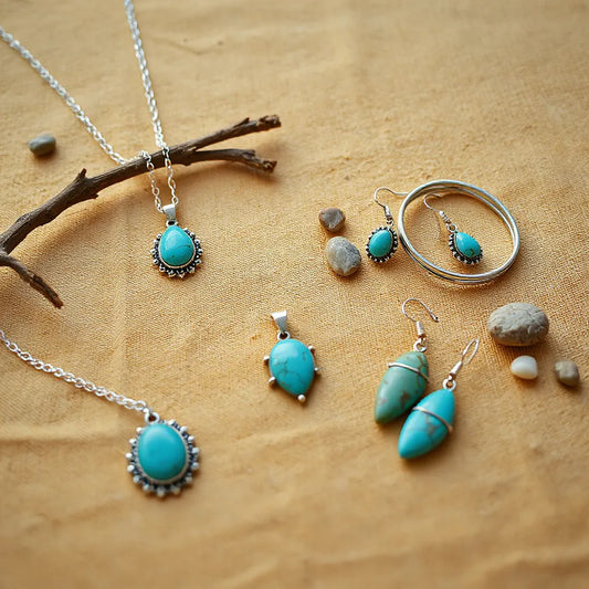 Turquoise pendant, earrings, and stacked bracelets with silver accents in a bohemian southwestern style on warm fabric