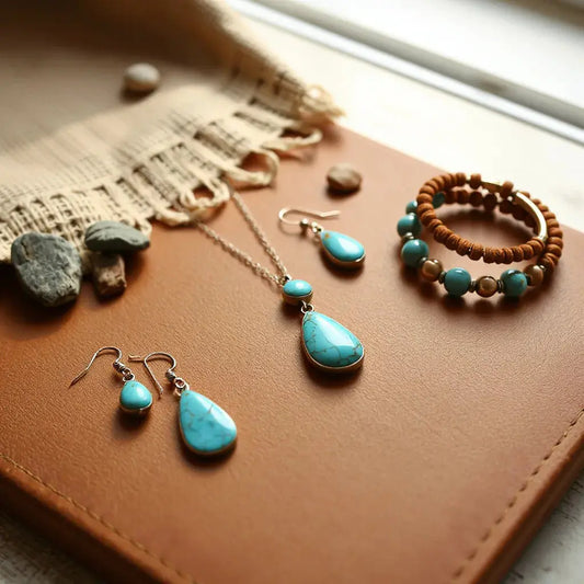 Turquoise pendant necklace, matching earrings, and stacked bracelets styled on rustic leather with desert tones