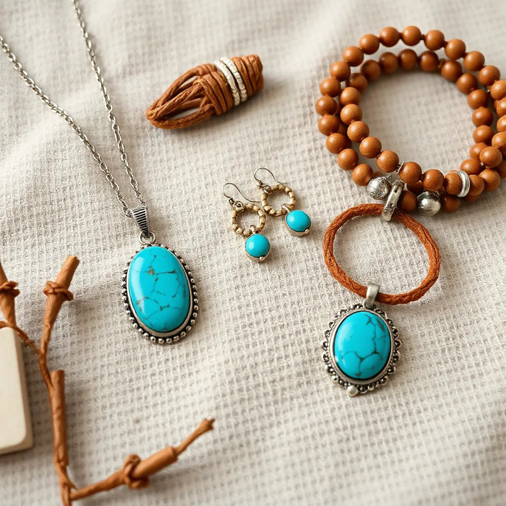Turquoise pendant necklace and matching bohemian southwestern jewelry on neutral linen fabric