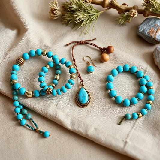Turquoise beaded bracelets and pendant jewelry styled on natural linen with earthy boho accents