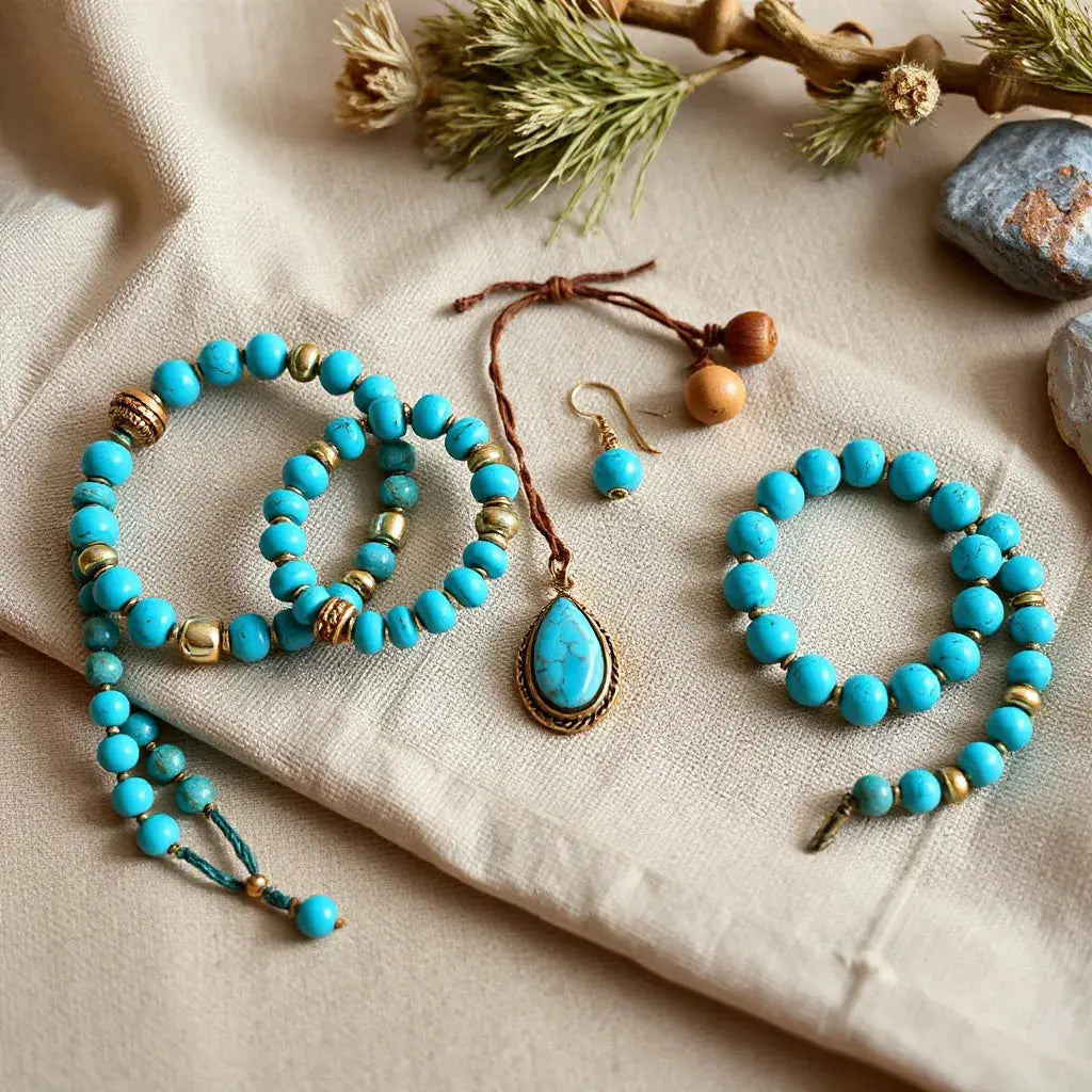 Turquoise beaded bracelets and pendant jewelry styled on natural linen with earthy boho accents