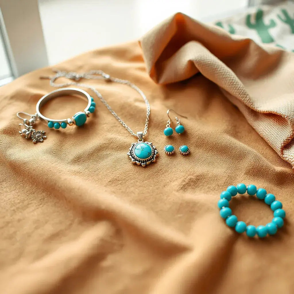 Turquoise pendant necklace, earrings, and bracelets styled in bohemian southwestern silver tones on desert fabric