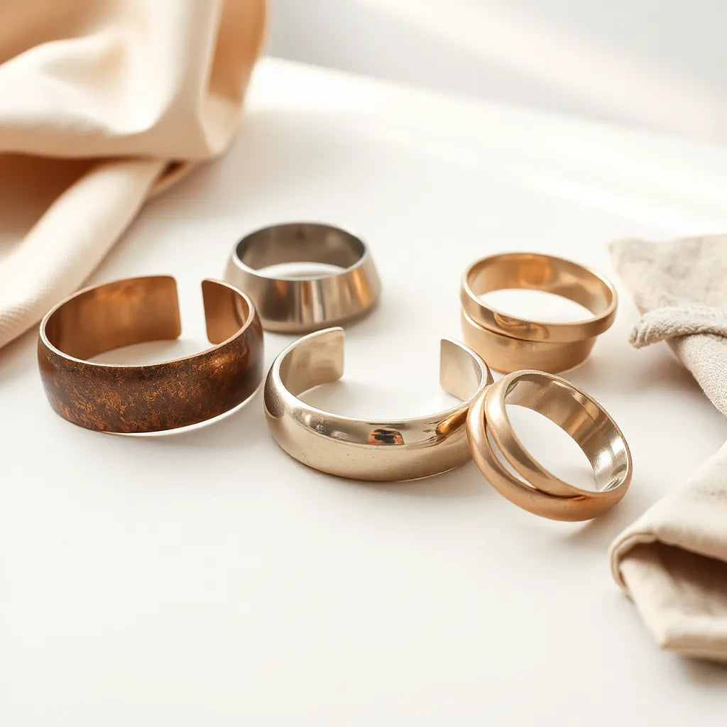 Stylish cuff bracelets on a neutral tabletop with soft natural light and shallow depth of field