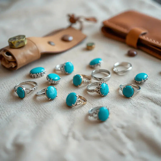 Turquoise rings displayed on neutral fabric with a softly lit, minimal background