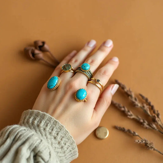 Hand wearing layered boho statement rings with turquoise accents on a warm neutral background