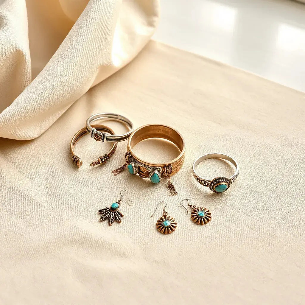 Curated cultural jewelry pieces with artisan patterns, turquoise-like accents, and earthy metal tones on a neutral tabletop.