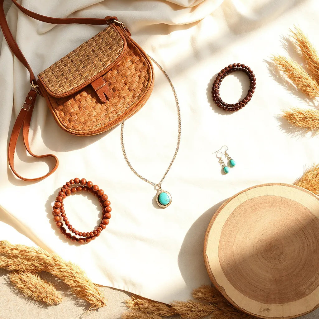 Layered boho accessories with turquoise jewelry and a woven bag on a warm neutral surface