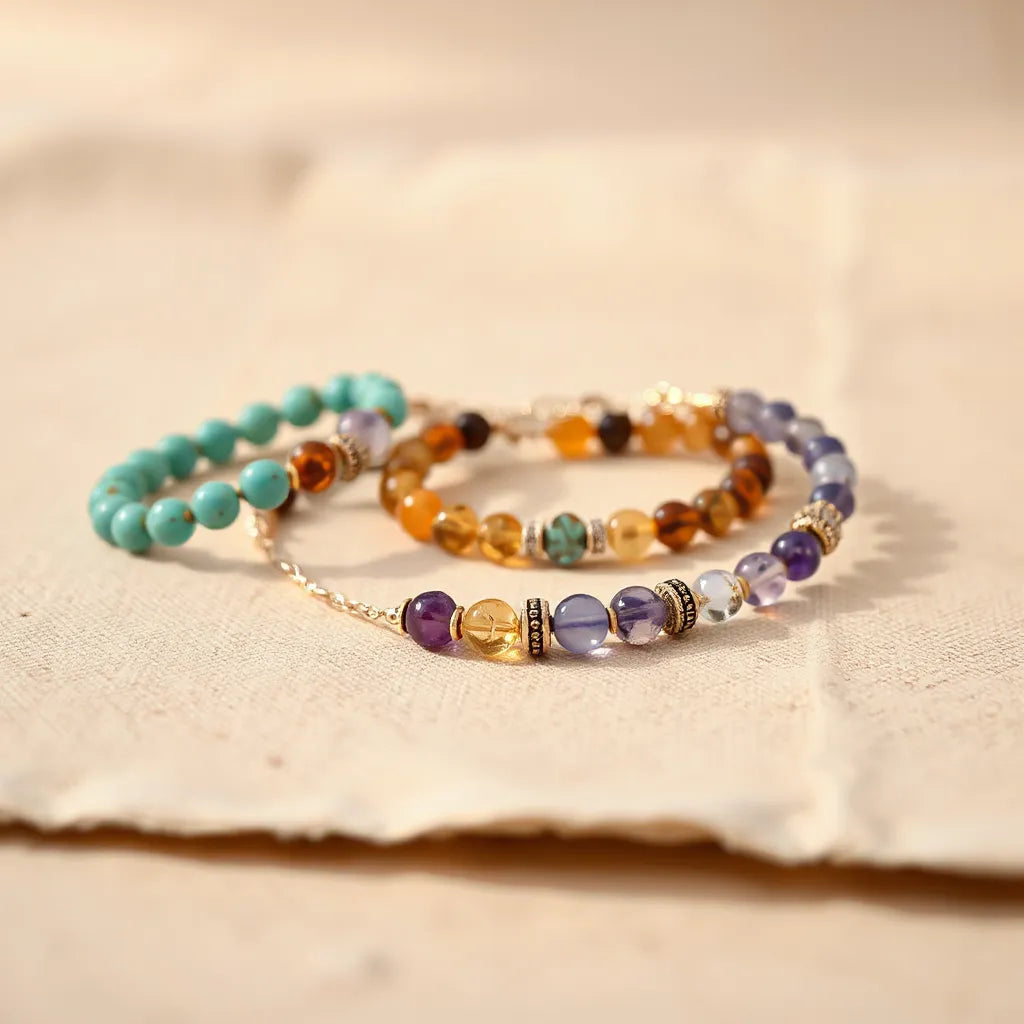 Colorful gemstone bracelets with turquoise and amethyst beads arranged neatly on a warm neutral background