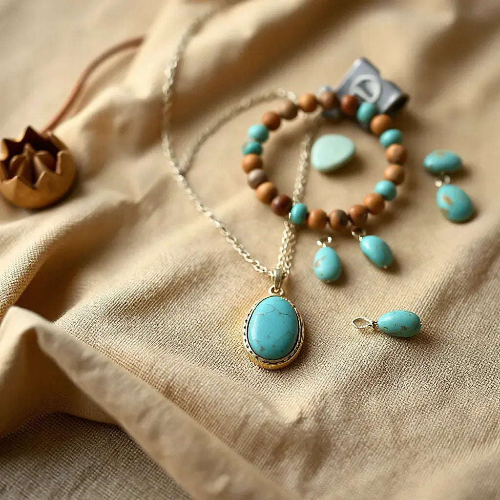 Turquoise pendant necklace and beaded bracelet styled with small turquoise earrings on warm fabric