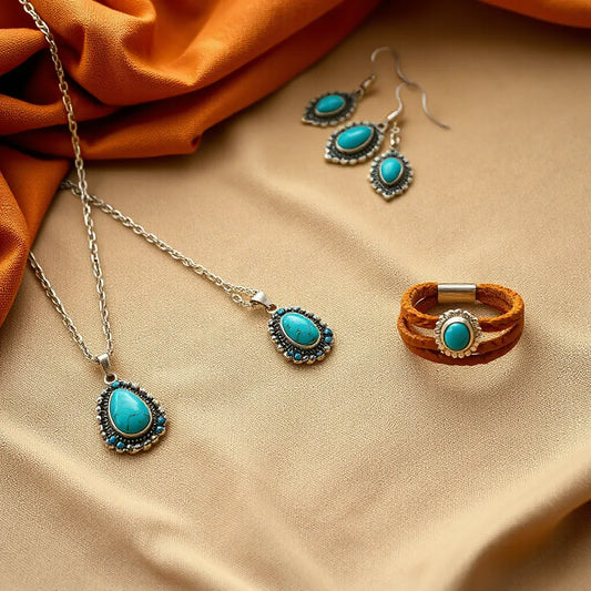 Turquoise pendant necklace, earrings, and a silver-accent cuff styled in a bohemian southwestern layout