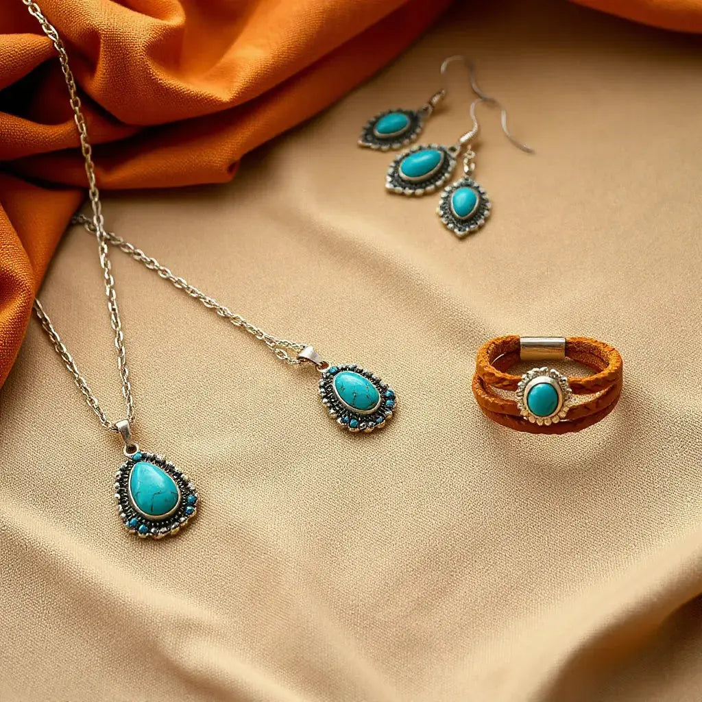 Turquoise pendant necklace, earrings, and a silver-accent cuff styled in a bohemian southwestern layout