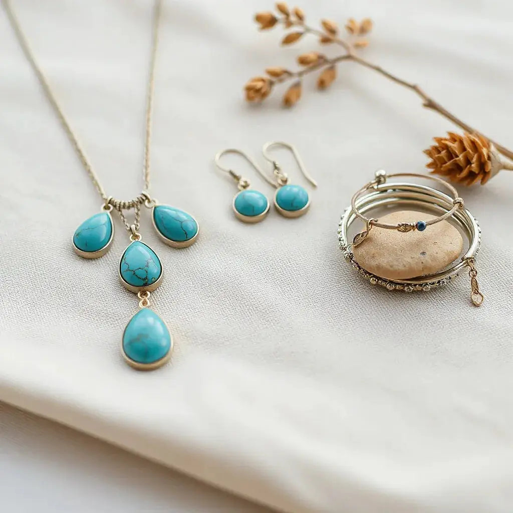 Turquoise bohemian southwestern pendant necklace with matching earrings and stacked bracelets on neutral fabric