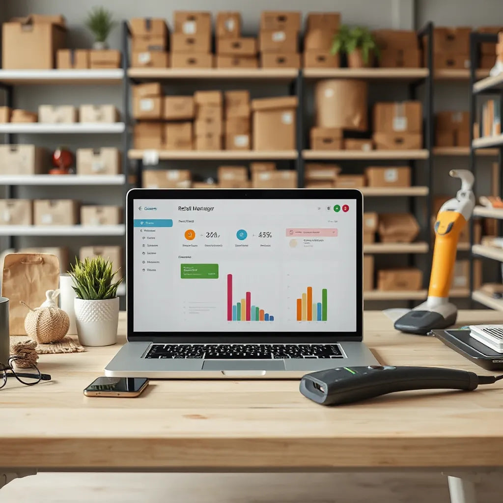 Retail manager reviewing order and inventory workflows on a laptop in a clean store office