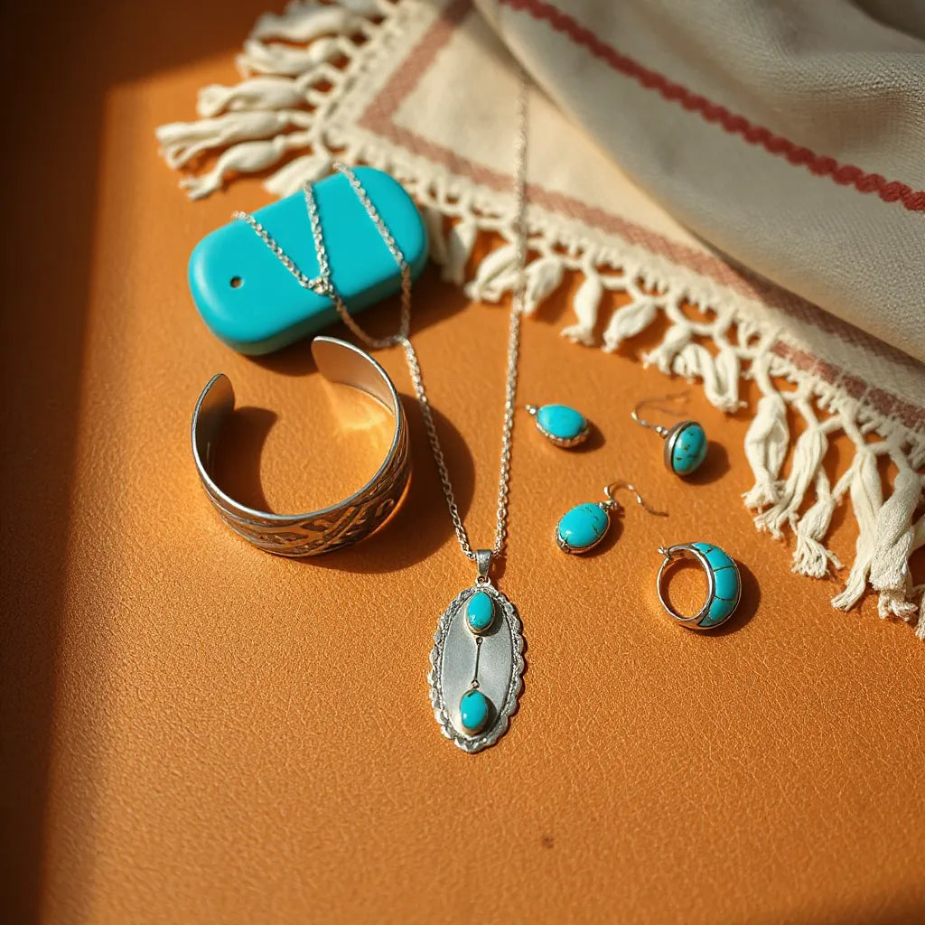 Native American jewelry pieces featuring sterling silver and turquoise on a warm leather surface