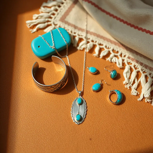 Native American jewelry pieces featuring sterling silver and turquoise on a warm leather surface