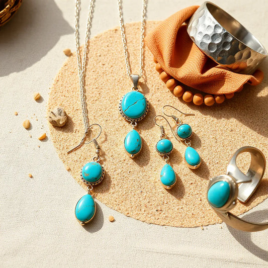 Turquoise pendant necklace, drop earrings, and boho southwestern jewelry laid on neutral fabric