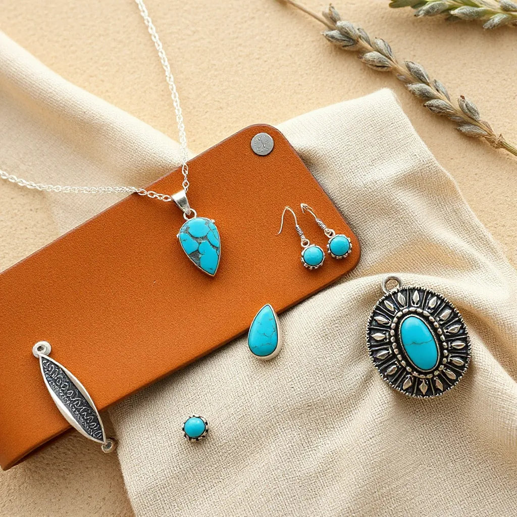 Turquoise pendant necklace and matching boho southwestern jewelry on warm desert fabric