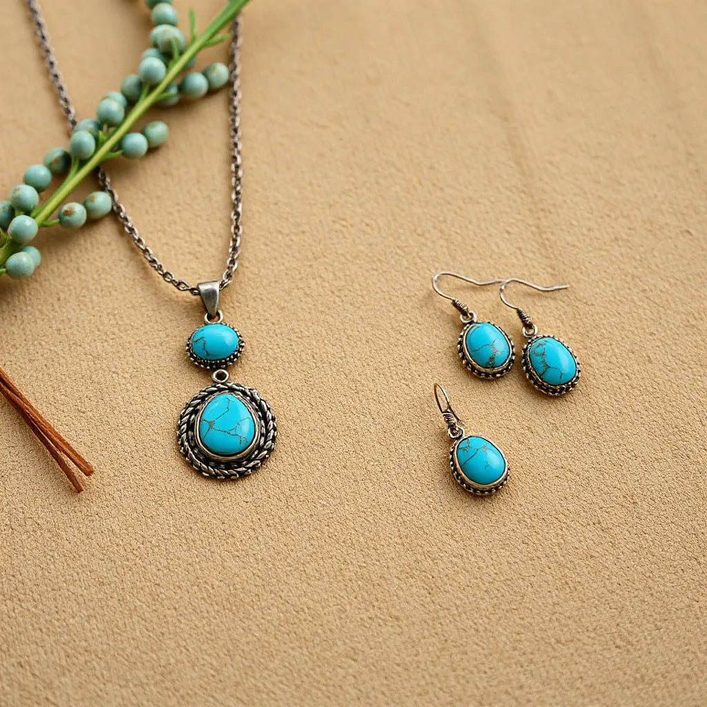 Turquoise pendant necklace and earrings on desert-toned fabric with subtle silver accents