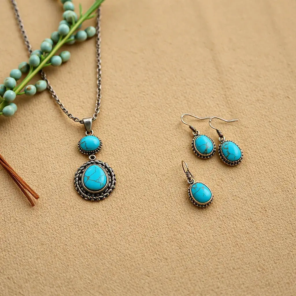 Turquoise pendant necklace and earrings on desert-toned fabric with subtle silver accents