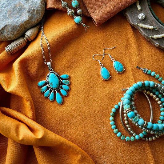 Turquoise pendant necklace, earrings, and stacked bracelets styled on desert-toned fabric for bohemian southwestern look