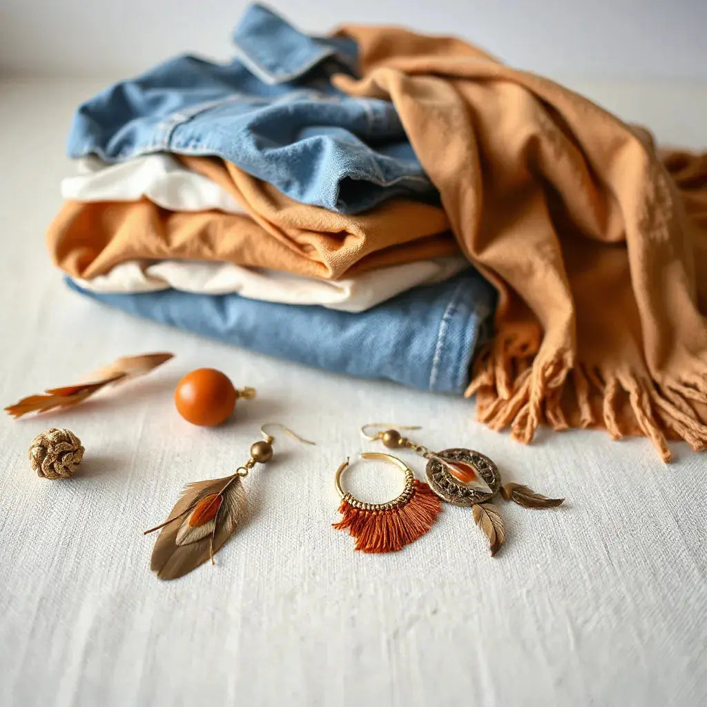 Trendy boho earrings with beads and tassels arranged beside a casual denim and neutral scarf backdrop