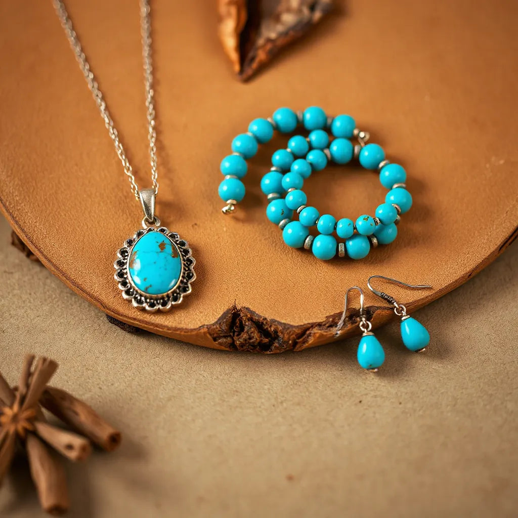 Turquoise pendant necklace and bracelets with matching bohemian southwestern earrings on leather and wood