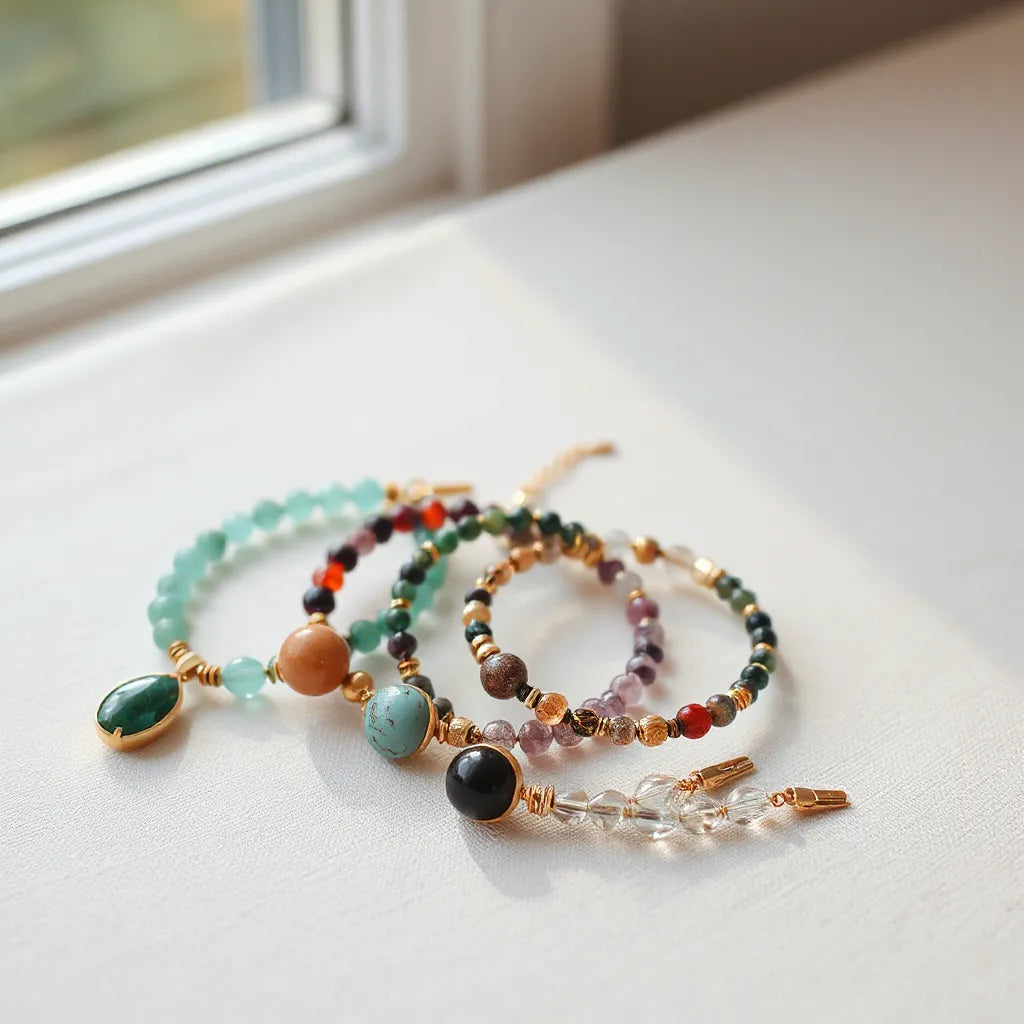 Assorted gemstone bracelets with polished stones in multiple colors laid on a neutral background