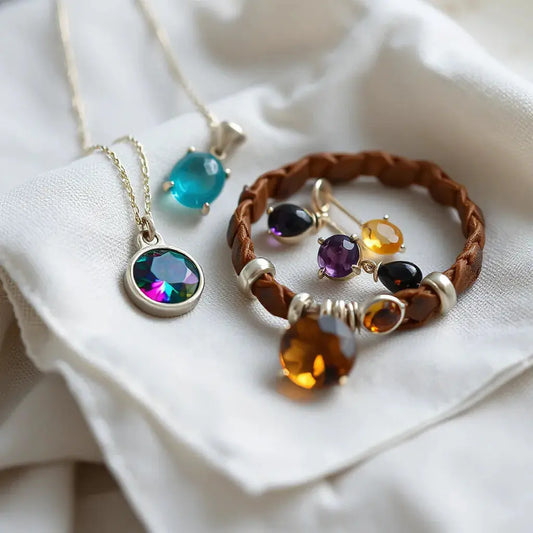 Gemstone jewelry pieces with colorful stones laid on neutral fabric under soft natural light
