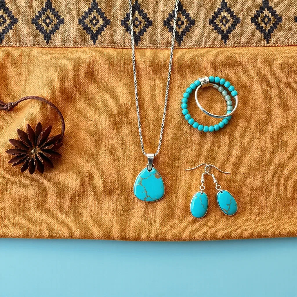 Turquoise pendant necklace with stacked beaded bracelets and small earrings on desert fabric