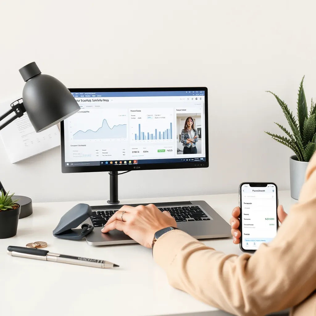 Business owner reviewing analytics and an online storefront dashboard on a laptop