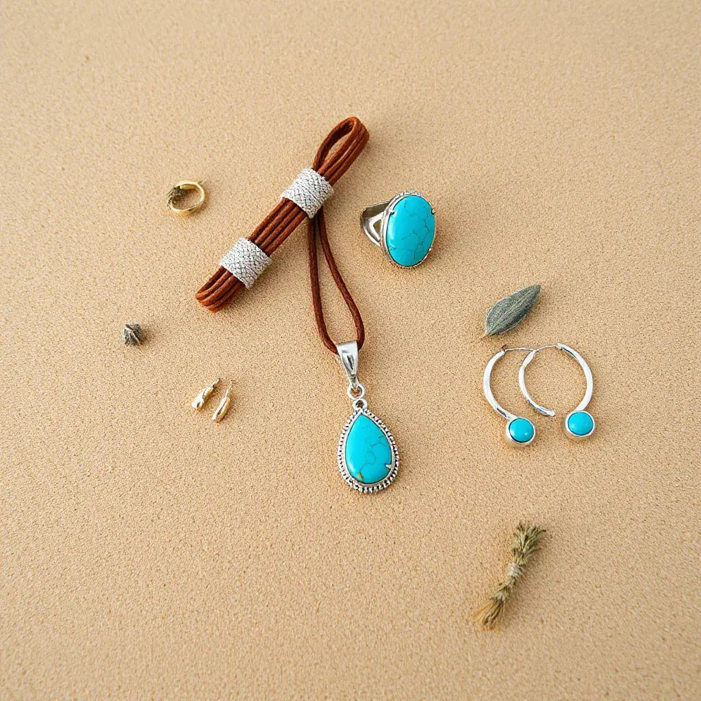 Turquoise pendant necklace, ring, and earrings styled on desert sand with woven fabric and warm lighting