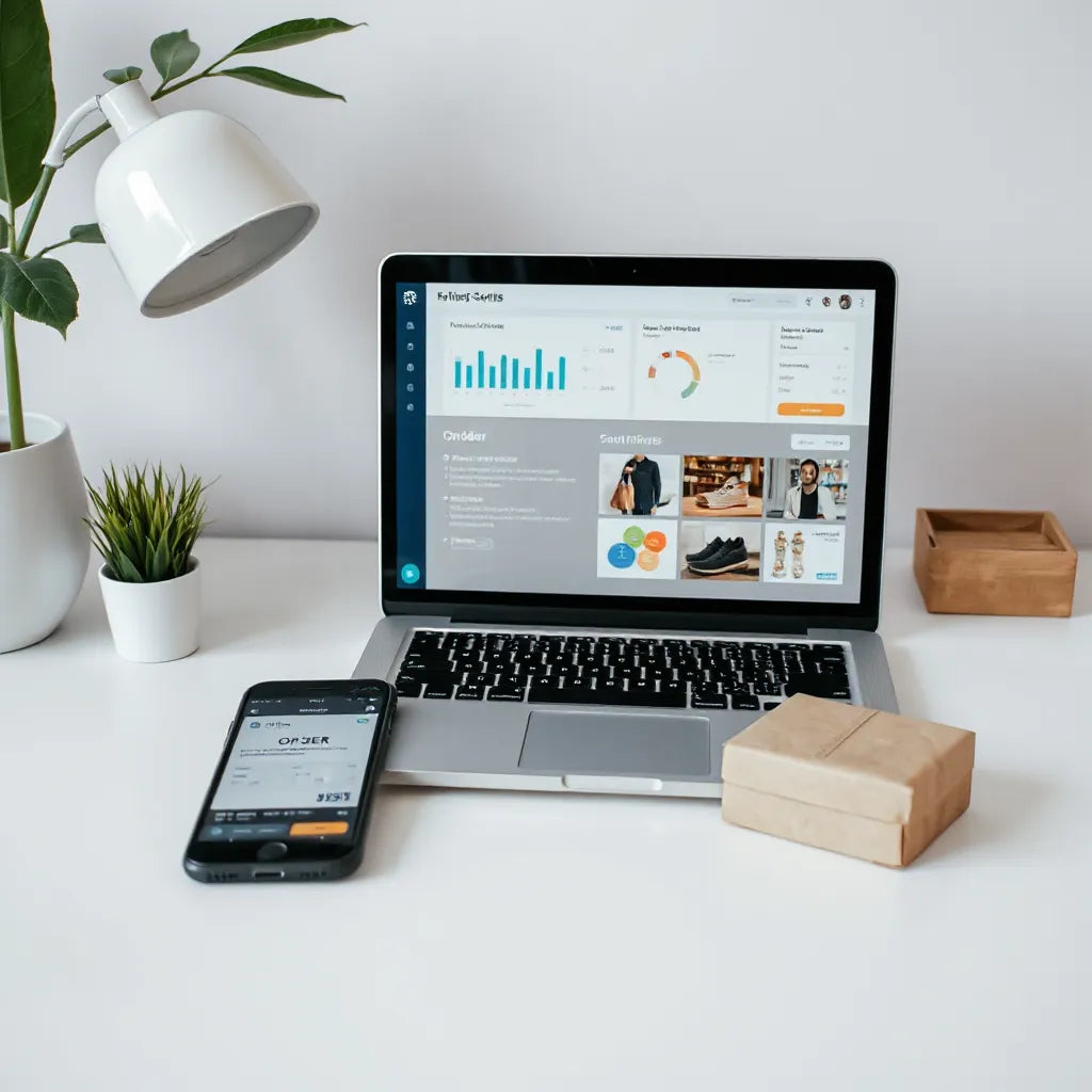 Minimalist workspace with laptop analytics, smartphone order status, and shipping box for e-commerce management