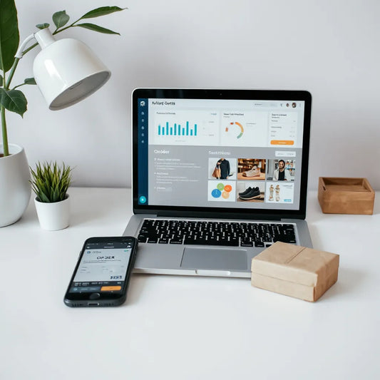 Minimalist workspace with laptop analytics, smartphone order status, and shipping box for e-commerce management