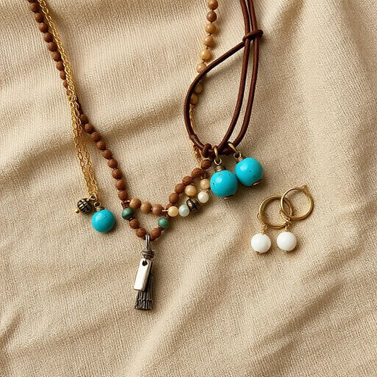 Layered vintage boho necklaces, turquoise-inspired pendants, and beaded bracelets on neutral fabric