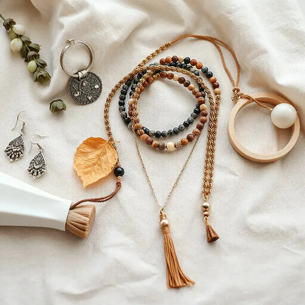 Bohemian jewelry laid out on neutral fabric with layered necklaces, bracelets, rings, and earrings