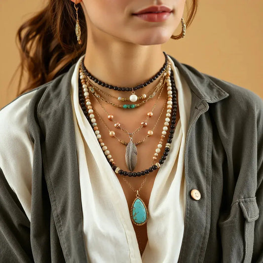Layered bohemian necklaces with beads and a turquoise-like pendant on a model against a neutral background