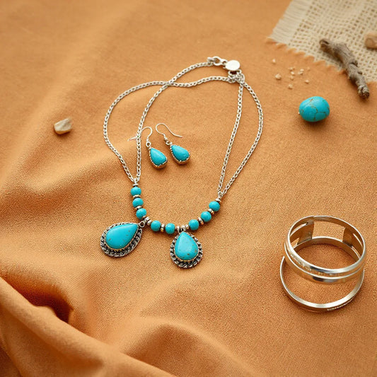 Turquoise bohemian southwestern necklace, earrings, and rings arranged on warm desert fabric