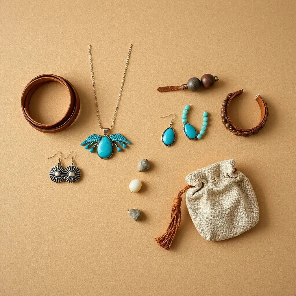 Turquoise necklace, leather bracelets, concho earrings, and boho accessories arranged on a neutral tabletop