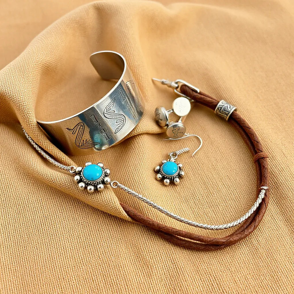 Stamped silver and turquoise native American style jewelry set on neutral fabric
