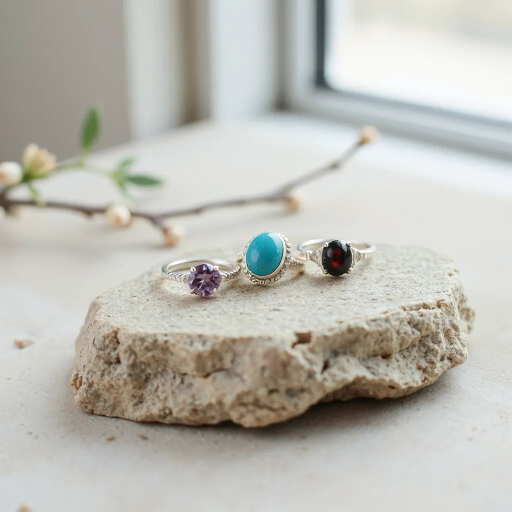 Silver jewelry with handcrafted gemstone settings arranged on a neutral stone surface