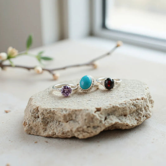 Silver jewelry with handcrafted gemstone settings arranged on a neutral stone surface