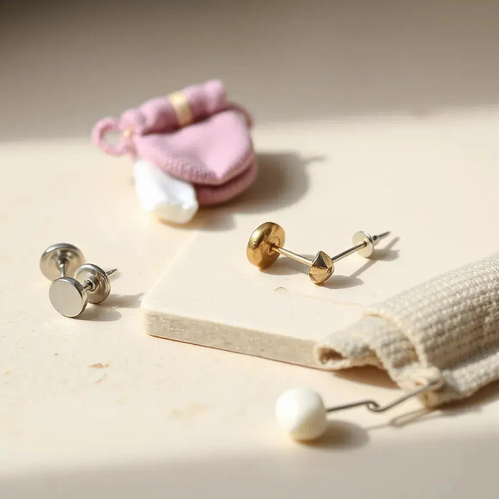 Hypoallergenic earrings with visible metal posts and secure backs on a clean neutral background for sensitive-ear comfort.