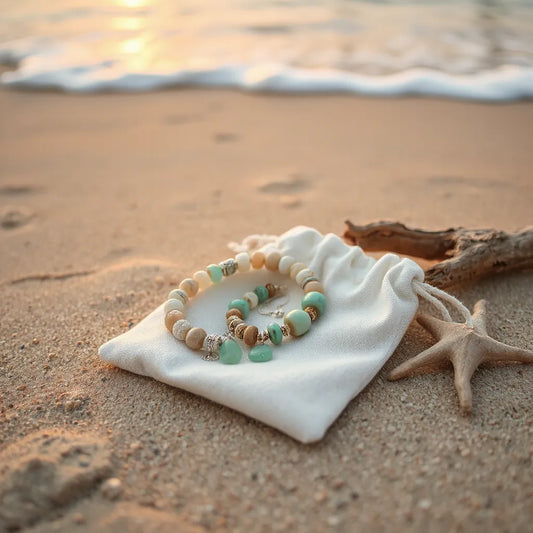 Bohemian beach jewelry set with turquoise pieces and shell charms on sandy shoreline